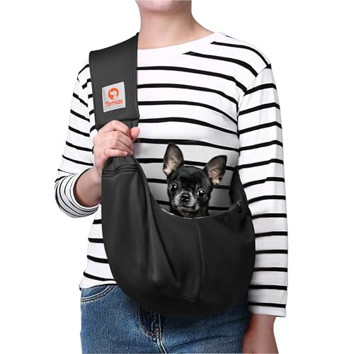 Tomkas Small Dog Sling Carrier - Adjustable Strap & Zip Pocket - for 3-10 lbs Pets(Black)