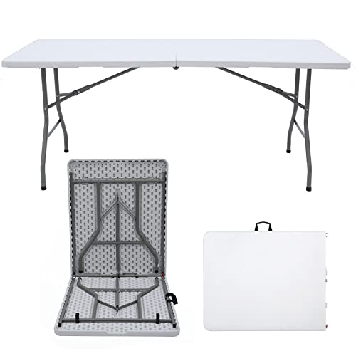 EDEBIBY 4FT 122cz Folding Table Portable Heavy Duty Plastic Fold-in-Half Utility Foldable Table White