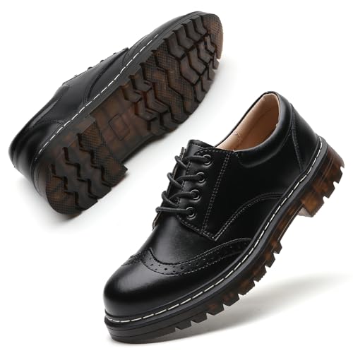 Oxford Shoes Women Slip Resistant Dress Shoes Wingtip Perforated Lace Up Low Heel Casual Work Office Dressy Business Shoes Black US 6