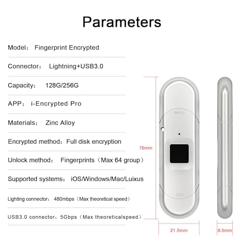 for iPhone USB3.0 Encrypted Drive Drive External Storage Fingerprint Encryption USB Flash Drive for iPhone/iPad/Mac/PC USB3.0 Flash Drive 128GB