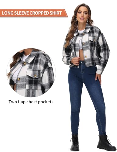 URBEST Women's Cropped Oversized Plaid Shacket | Cozy Long Sleeve Button Down Jacket with Pockets for Casual Style Grey L