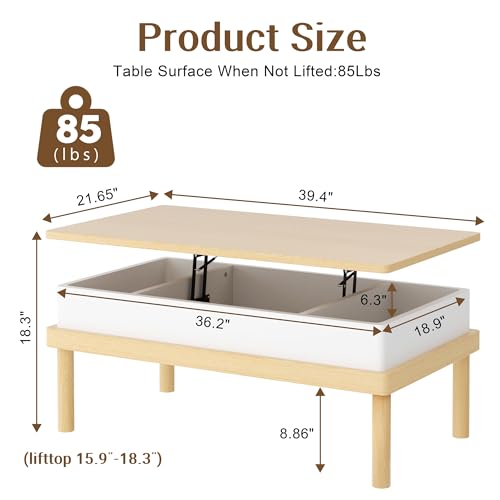 Shintenchi Coffee Table, Lift Top Coffee Table with Hidden Compartment, Rising Tabletop Dining Table, Lift Top Coffee Center Table for for Living Room, Office, Home (Ivory)