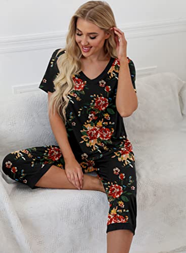 PrinStory Women's Pajama Set Short Sleeve Shirt and Capri Pants Sleepwear Pjs Sets with Pockets Dot-Navy Blue-Medium