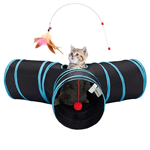 Tempcore Pet Cat Tunnel Tube Cat Toys 3 Way Collapsible, Cat Tunnels for Indoor Cats,Kitty Tunnel Bored Cat Pet Toys Peek Hole Toy Ball Cat, Puppy, Kitty, Kitten, Rabbit Black