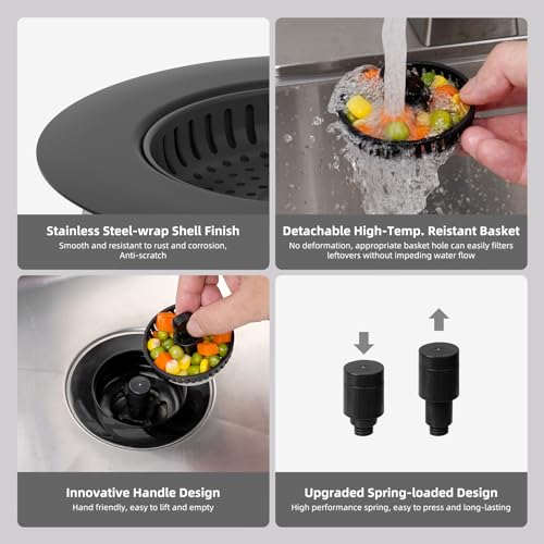 Hibbent 2 Pack Universal 3 in 1 Kitchen Sink Drain Strainer with Sink Stopper, Stainless Steel Wrapped Shell, SUS304 Anti-Clogging Basket Strainer, Fit for US Standard 3-1/2" Drain, Stainless Steel