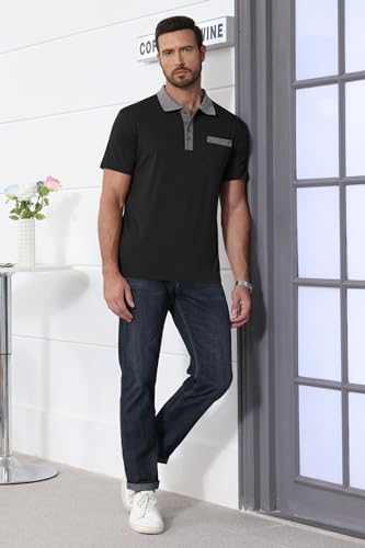 Lexiart Mens Fashion Short Sleeve Polo Shirts Splice Button Collar Regular-Fit Tshirts with Pocket Black