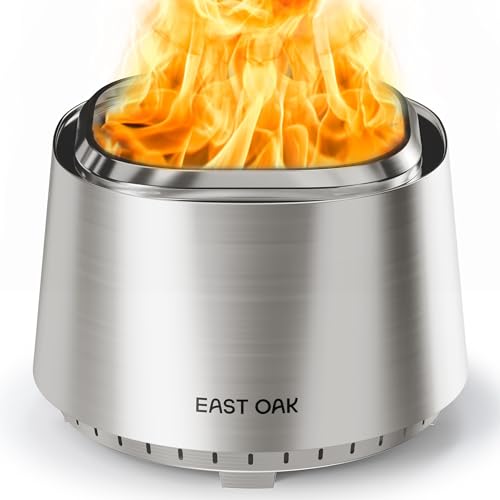 EAST OAK Fire Pit Smokeless 17'' Firepits for Outside Patio, 304 Stainless Steel Wood Burning Fireplaces, Portable Outdoor Bonfire Pit with Poker, Stand & Removable Ash Pan for Camping, Chisel Steel