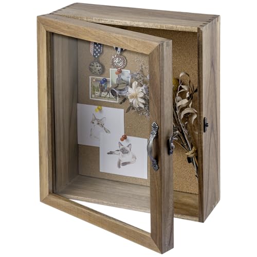 MyGift 11x14 Natural Solid Acacia Wood Deep Shadow Box with Cork Board Backing, Wall Mounted Display Case with Clear Acrylic Front Window Panel, Metal Handle and Latch