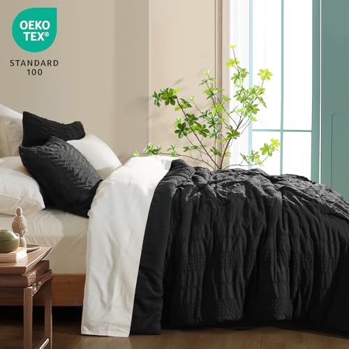 PHF Seersucker Black Twin Size Comforter Set, 2 Pieces Summer Lightweight Soft Fluffy Bedding Set, Boho Strip Comy Down Alternative Cooling Comforter with 1 Pillowcase, 68" x 90", Black