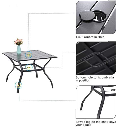 MFSTUDIO 5 PCS Metal Outdoor Patio Furniture Dining Set, 4 Metal Swivel Chairs and Square Dining Table with Umbrella Hole, Black