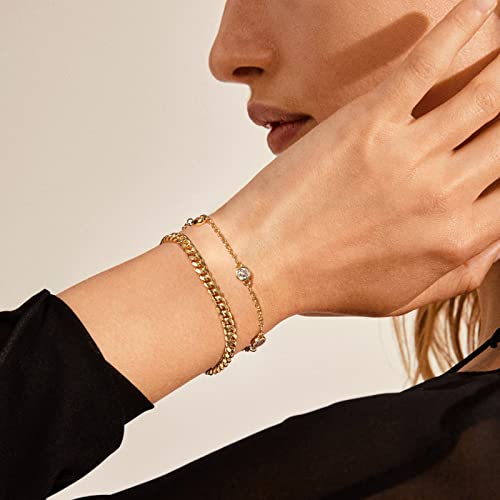 KissYan Gold Bracelets for Women, Dainty 14K White Gold Plated Layered Paperclip Tiny Pearl Cuban Link Chain Bracelet Set Adjustable Cute Jewelry Gift(G-cuban cz)