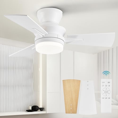 LEDIARY 42 inch Ceiling Fans with Lights and Remote Control,Flush Mount Ceiling Fan with Quiet Reversible DC Motor,Black Modern Low Profile Ceiling Fan with Light for Bedroom Living Room Patio