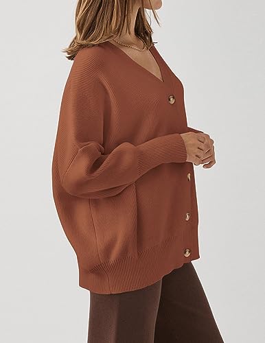 ZESICA Women's 2024 Casual Long Sleeve Cardigan V Neck Button Down Open Front Knit Loose Oversized Sweater Coat,Toffee,Medium