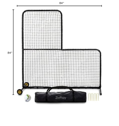 L Screen Baseball for Batting Cage Pitching Screen Portable 7x7 ft Protector Net with Rubber Wheels and Training Ball