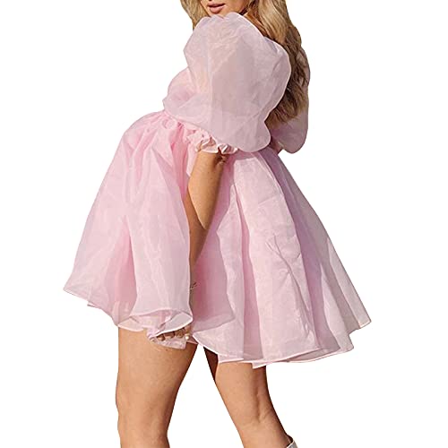 Pejihota Womens Off-Shoulder Ruffled Fluffy Short-Sleeved Mesh Party Mini Princess Dress (S, Pink)