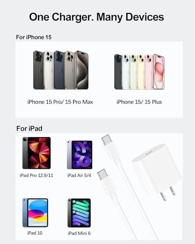 20W USB C Fast Charger for iPad Pro 13/12.9/11 inch, iPad Air 13/11 inch 5/4th Generation, iPad 10th, iPad Mini, with 6.6ft USB C to C Charging Cable