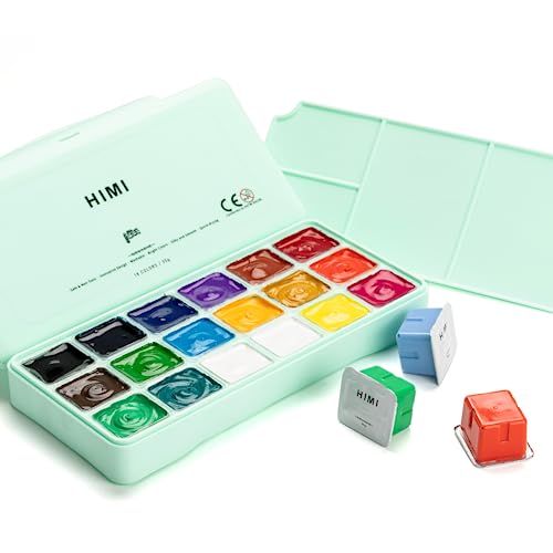 HIMI Gouache Paints Set, 18 Colors, 30g, jelly gouache paint set, Non Toxic Paint for Canvas and Paper, Art Supplies for Professionals, and More (Green Case