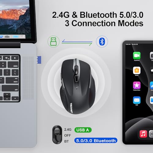TECKNET Wireless Mouse (BT5.0/3.0 & 2.4G) Rechargeable 4800 DPI Silent Mouse 8 Buttons Bluetooth Mouse, USB A Mouse Wide Compatibility - Black