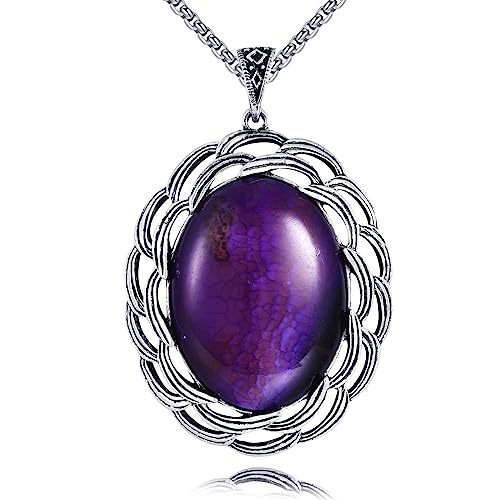 SILBAZ Amethyst Necklace Stainless Steel Oval Pendant Gemstone Healing Balancing Necklace Energy Jewelry Gift for Women