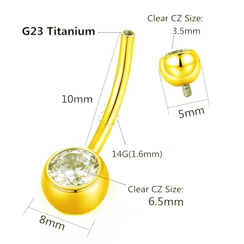 ORANGELOVE G23 Titanium Belly Button Ring CZ Round Cubic Zirconia Internally Threaded Belly Button Navel Piercing Ring Gold 14G 8mm Belly Body Piercings Barbell Jewelry Navel Ring for Women Men