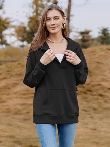 Fisoew Womens Casual Oversized Hoodies V Neck Long Sleeve Loose Pullovers Hooded Sweatshirts Tops Active Hoodie Light Grey