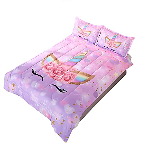 Oecpkd Cute Unicorn Comforter Sets Rainbow Soft Girls Comforter Sets 3pc Pink Flower Girl Unicorn Bedding Sets