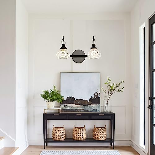 WJShome 2 Light Black Bathroom Vanity Light, Bathroom Vanity Lights Over Mirror, with Fine Chunky Crystal Glass Light Shade for Bedroom Living Room Bathroom Hallway Patio