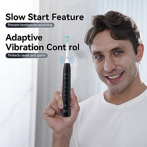 JTF Electric Toothbrush for Adults, Sonic Electric Toothbrushes with 6 Brush Heads, One Charge Last 90 Days, 5 Modes with 2 Minutes Built in Smart Timer, Power Rechargeable Toothbrush(Black)