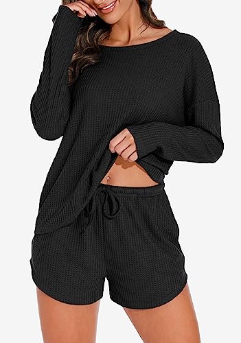 PrinStory Womens Waffle Knit Pajama Sets Long Sleeve Lounge Sets Loungewear Sweatsuit with Pockets Navy Blue