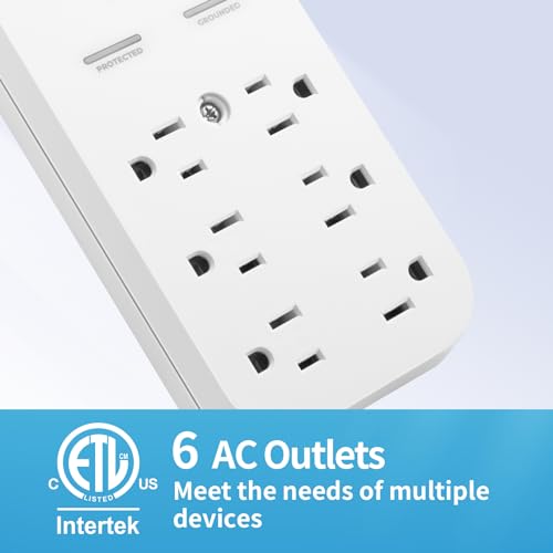 KMC 6-Outlet Extender USB-C PD Surge Protector Wall Tap, Multi-Plug USB Wall Charger, 2 USB-A Ports & USB-C 20W Power Delivery, High-Speed Phone Charger, 980J Surge Protection, UL/ETL Certified, White