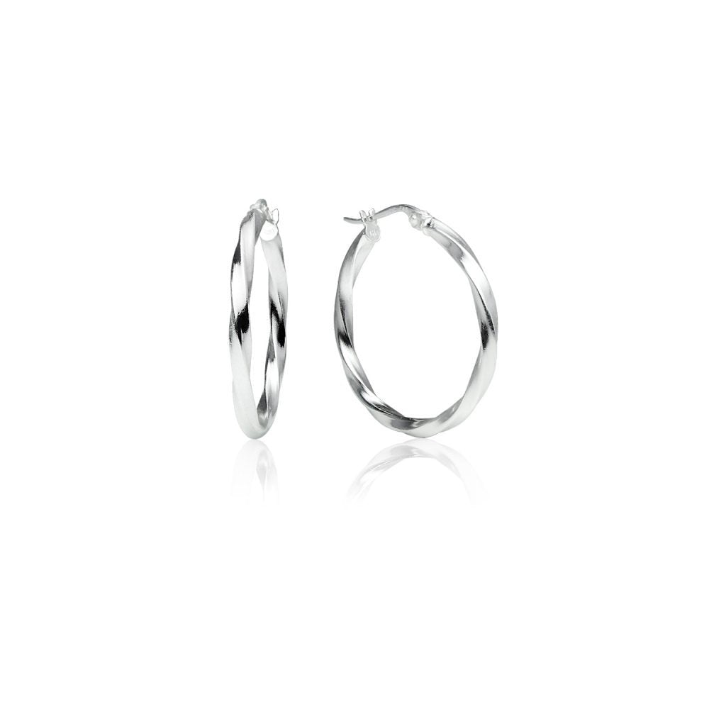 Sterling Silver Hoop Earrings, Twisted Round Design, High Polish Finish with Click-Top Closure, Tarnish and Nickel Free, 25mm Diameter