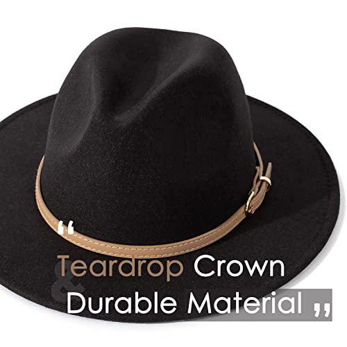 Lisianthus Women Classic Felt Fedora Wide Brim Hat with Belt Buckle Brown Belt-Black