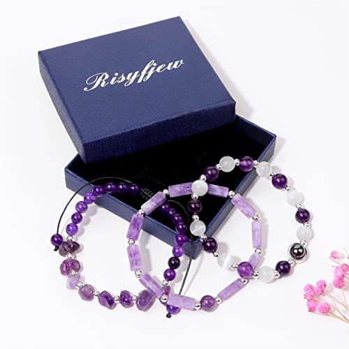 Risyfjew Amethyst Bracelets for Women Natural Stone Healing Beaded Bracelet Stress Anxiety Relief Moonstone Stretch Jewelry Gift for Women