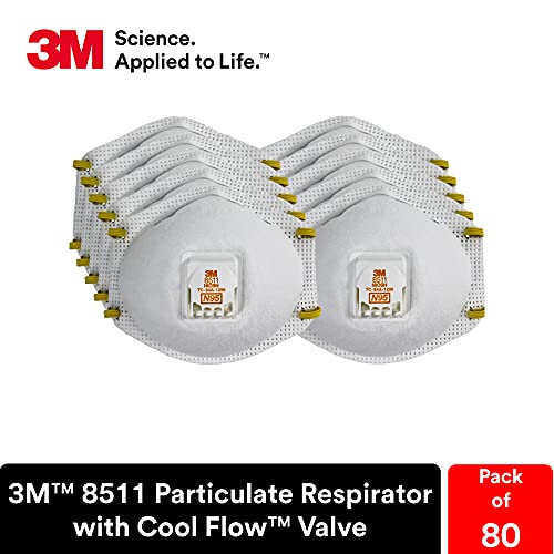 3M 8511 Particulate Disposable Respirator, N95, Pack of 80, NIOSH Approved, Cool Comfort and Fewer Pressure Points with Dual Attachment for Grinding, Sanding, Sawing, Sweeping, Dust, Smoke