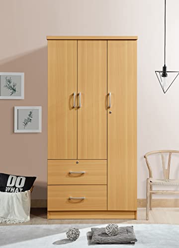 Hodedah 3-Door Armoire with 2-Drawers, 3-Shelves in Beech