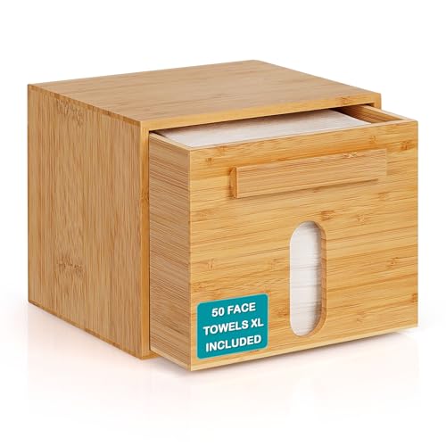 Disposable Face Towel XL Storaged with Luxe Bamboo Box, Face Towelettes Disposable 50 Count, Facial Towel Makeup Remover Cloth and Facial Wash Dry Wipes