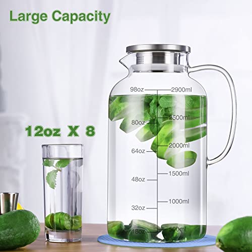 Hannadepot Glass Pitcher, Glass Water Pitcher with Lid, 118oz/0.92 Gallon Heat Resistant Borosilicate Glass Carafe with Pot Holder and Spoon Temperature Safe (118oz/3.5L)