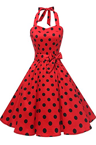 Topdress Women's Vintage Polka Audrey Dress 1950s Halter Retro Cocktail Dress Navy Blue Medium
