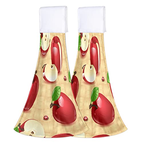 Hanging Kitchen Towel 2PCS Colorful Red Apple Printed Hand Towel with Loop Absorbent Dish Cloth Tie Towels Tea Bar Towels for Bathroom Kitchen Decor 12x17in