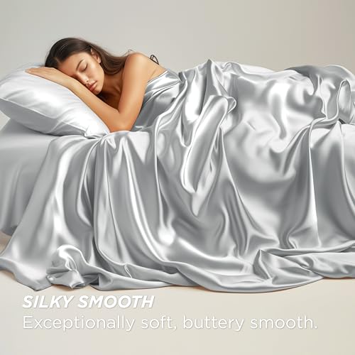 Bedsure Satin Sheets - Soft Satin Bed Sheets Queen Set, 4 Pcs Luxury Silky Sheets, Similar to Silk Sheets, Sage Green Satin Sheets Queen Size for Hair and Skin, Gifts for Women