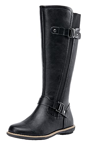 Jeossy Women's 9656 Knee-High Boots Black Fashion Riding Boots with Buckle Size 6 (DJY9656 black 06)