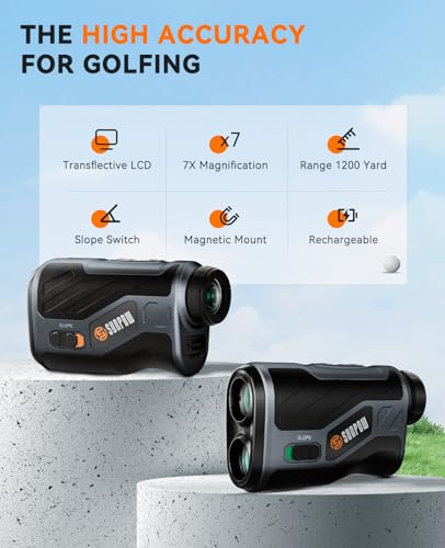 SUNPOW Golf Rangefinder with Slope, High Precision Laser Range Finder for Golfing/Hunting, 1200 Yards, 7X Magnification, Flag Pole Locking Vibration, Rechargeable Range Finders with Magnet Stripe