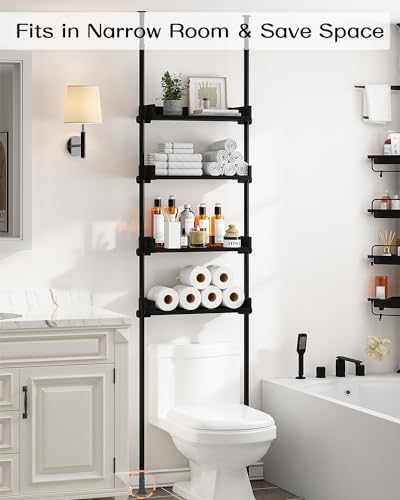 ALLZONE Adjustable Over The Toilet Storage Cabinet,Tension Mount Bathroom Organizers and Storage Over Toilet with 4 Adjustable Shelves,Over Toilet Bathroom Organizer Fit 92-116 Inch Tall,Black