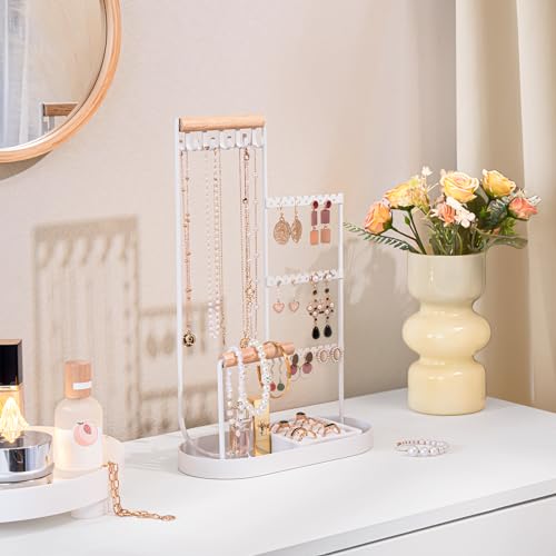 ProCase Jewelry Organizer Jewelry Holder Jewelry Stand with Velvet Ring Tray and Study Metal Frame, Necklace Holder Organizer Bracelet Display Storage Rack for Studs Rings -White