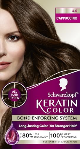 Schwarzkopf Keratin Color Permanent Hair Color, 4.0 Cappuccino, 1 Application - Salon Inspired Permanent Hair Dye, for up to 80% Less Breakage vs Untreated Hair and up to 100% Gray Coverage
