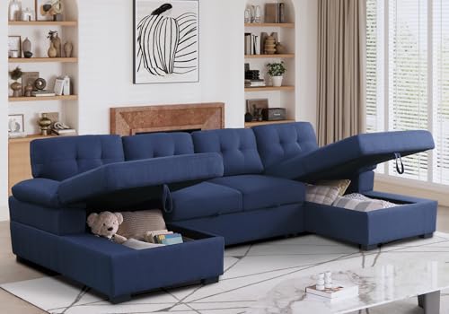 asunflower Sleeper Sectionals with Storage U Shaped Sectional Couches for Living Room Apartment, 4 Seat Pull-Out Sleeper with Dual Storage Chaise,Navy Blue Sofa Bed Couch