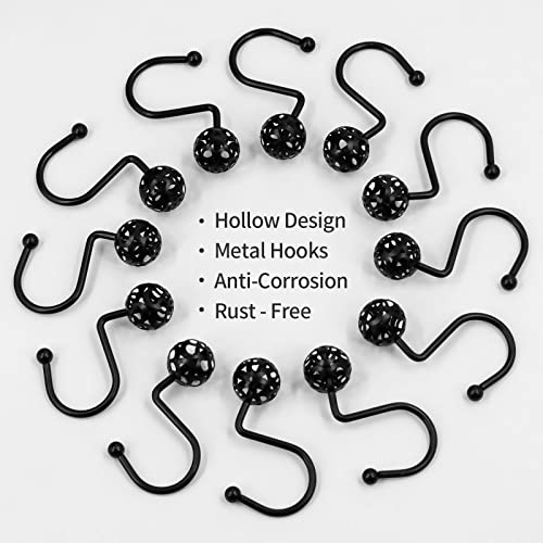 MitoVilla Black Shower Curtain Hooks Rings, Metal Shower Hooks for Shower Curtain & Liner, Hollow Ball Rust Proof Shower Rings for Curtain Accessories and Bathroom Shower Rod