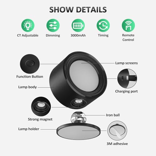 LED Wall Sconces with Remote, Wall Mounted Lights Rechargeable Battery Operated, 3 Color Temperatures & Dimmable Wall Lamp Magnetic 360° Rotation Wireless Light for Bedroom Living Room