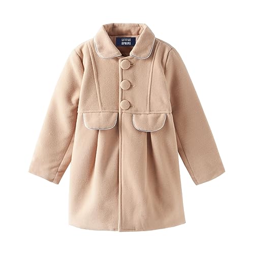 LittleSpring Girls Dress Coat for Toddler Girl Trench Coats Faux Wool Long Sleeve Peacoat Girls Winter Coats Button Decorative Pocket Beige 3T