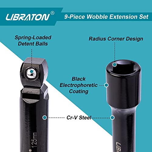 Libraton Wobble Extension Set, Socket Extensions Set, Ratchet Extensions 1/4", 3/8", 1/2", Wobble Extensions, Drive Socket Extension, Cr-V, with EVA Storage Tray